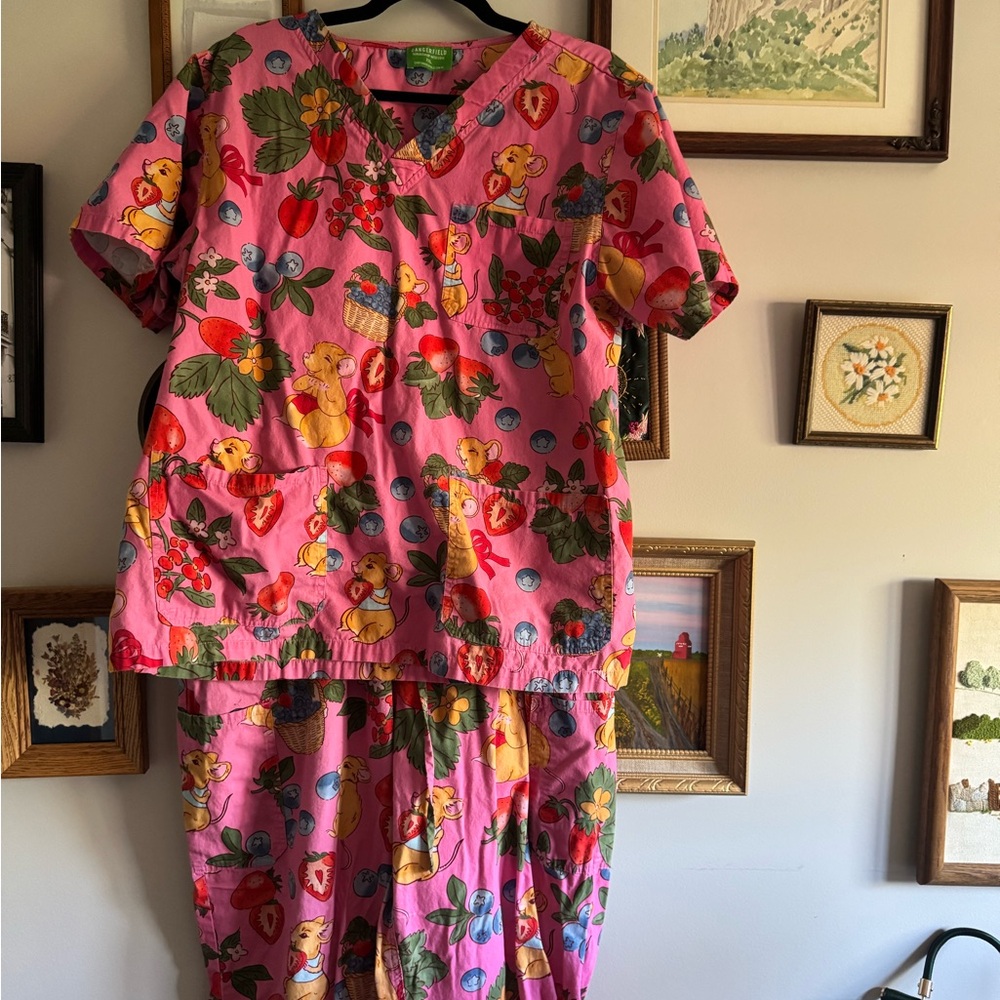 Pink scrub set with Mice and Fruit Print